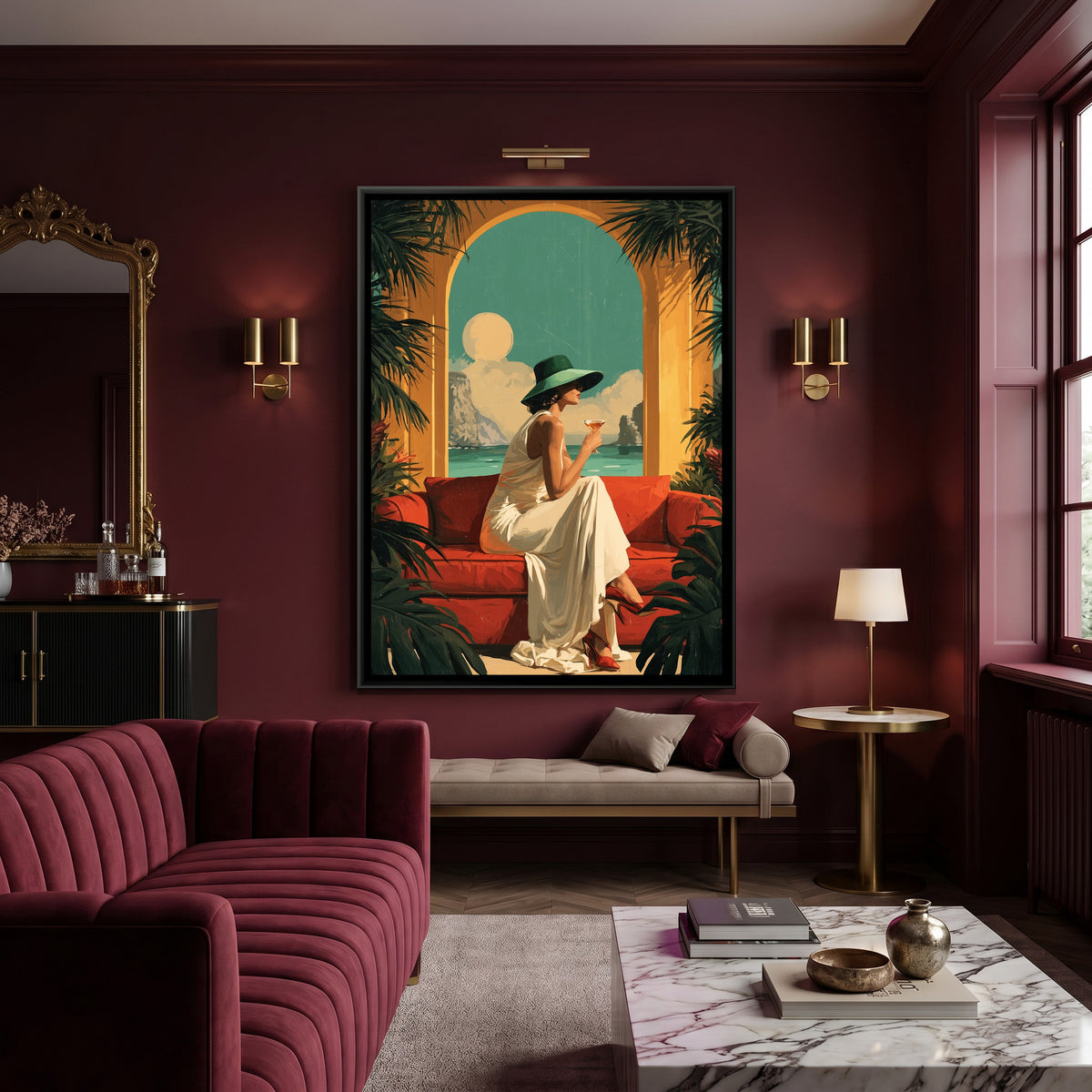 Retro Woman with Cocktail — canvas art shown in a second room setting