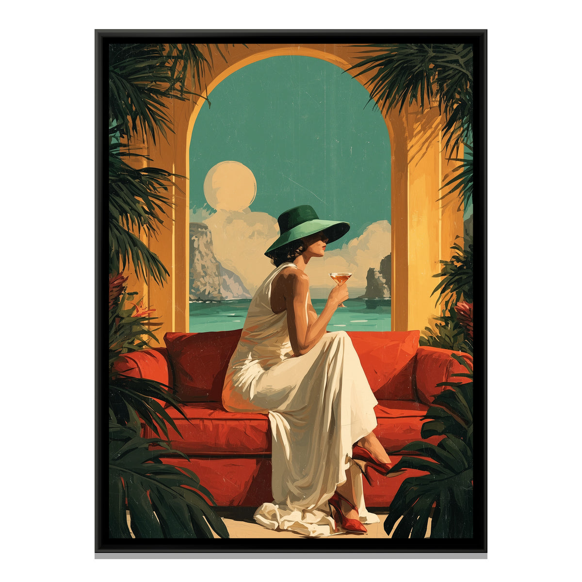Retro Woman with Cocktail — framed canvas print, front view