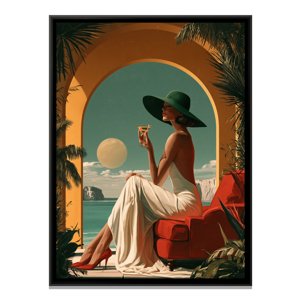 Retro Woman with Cocktail — framed canvas print, front view