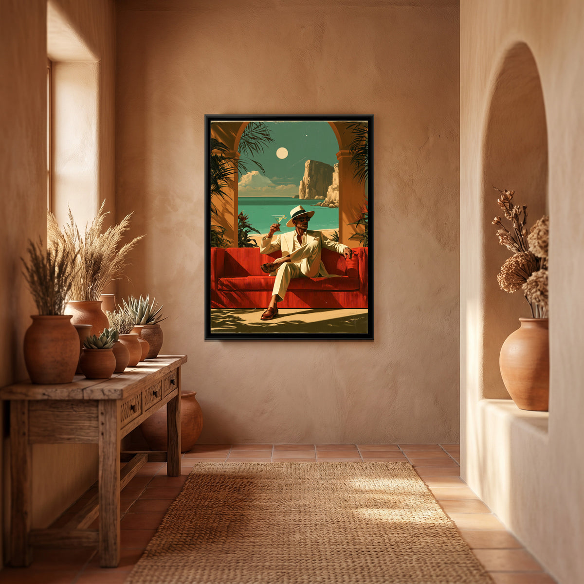 Retro Man with Cocktail — canvas art shown in a styled room