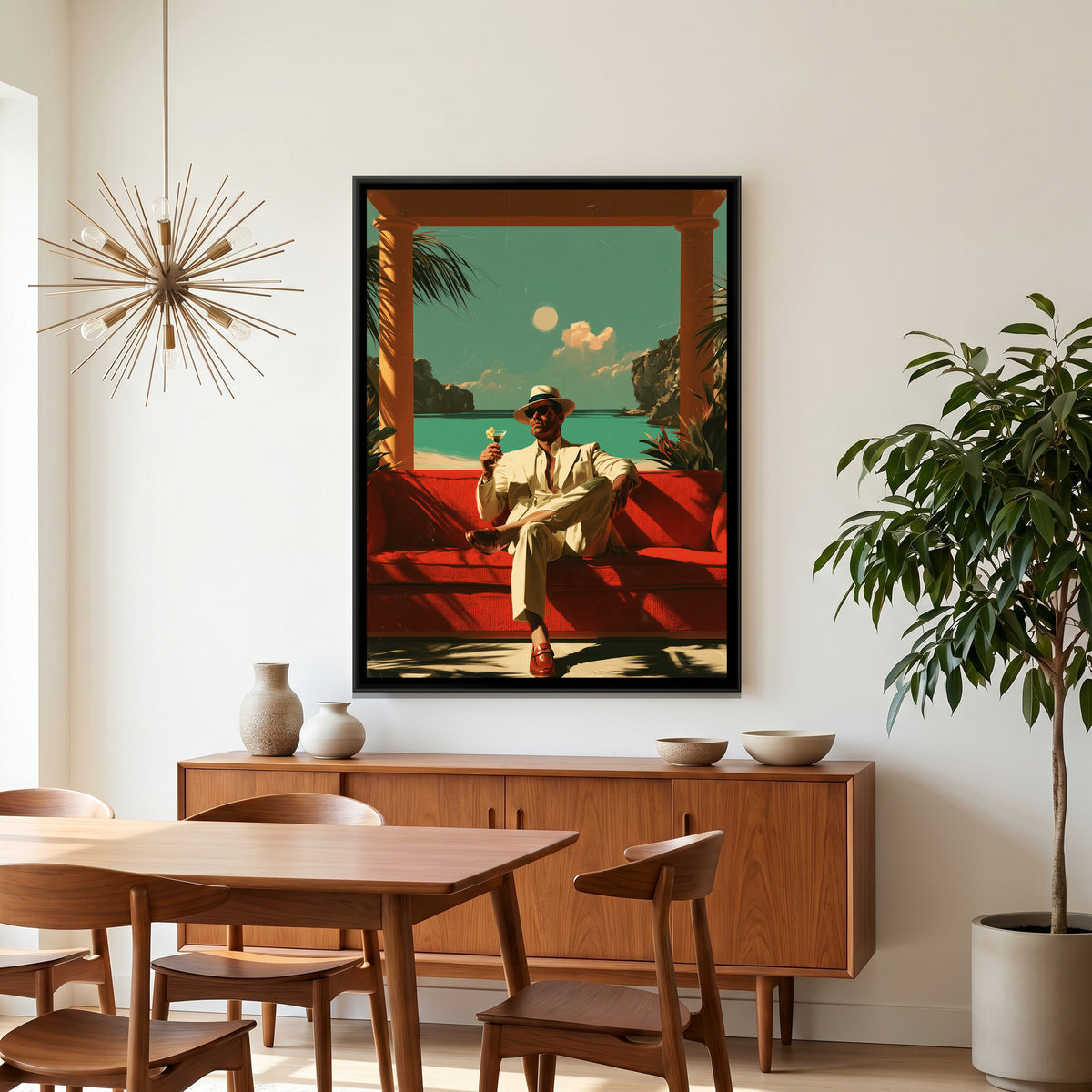 Retro Man with Cocktail — canvas art shown in a second room setting
