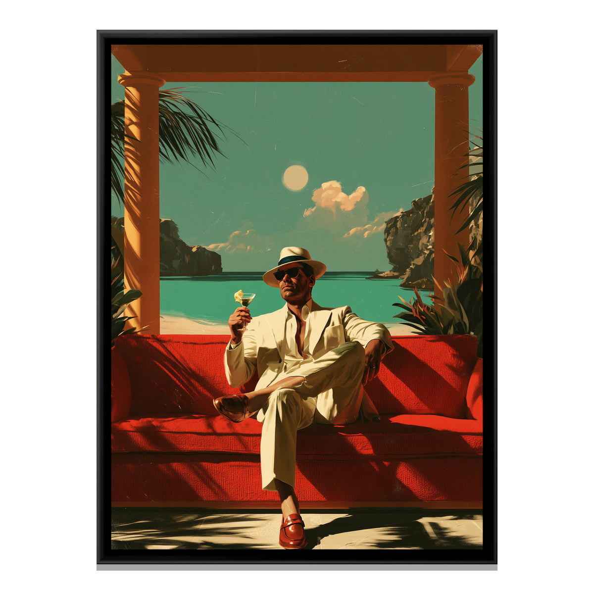 Retro Man with Cocktail — framed canvas print, front view