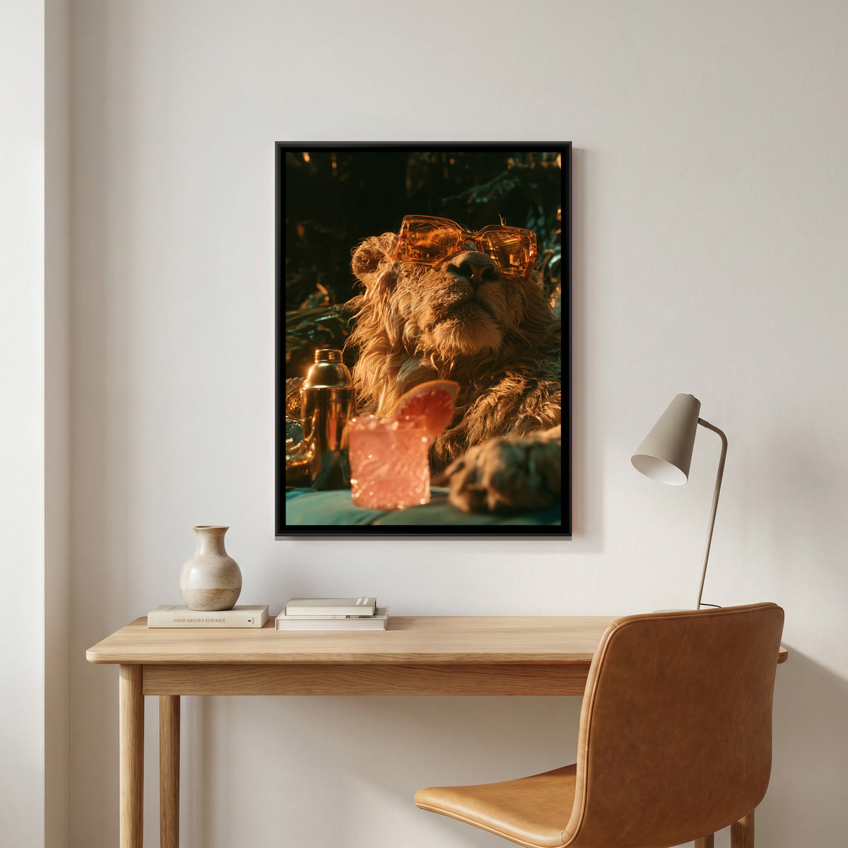 Lion in Sunglasses — canvas art shown in a styled room