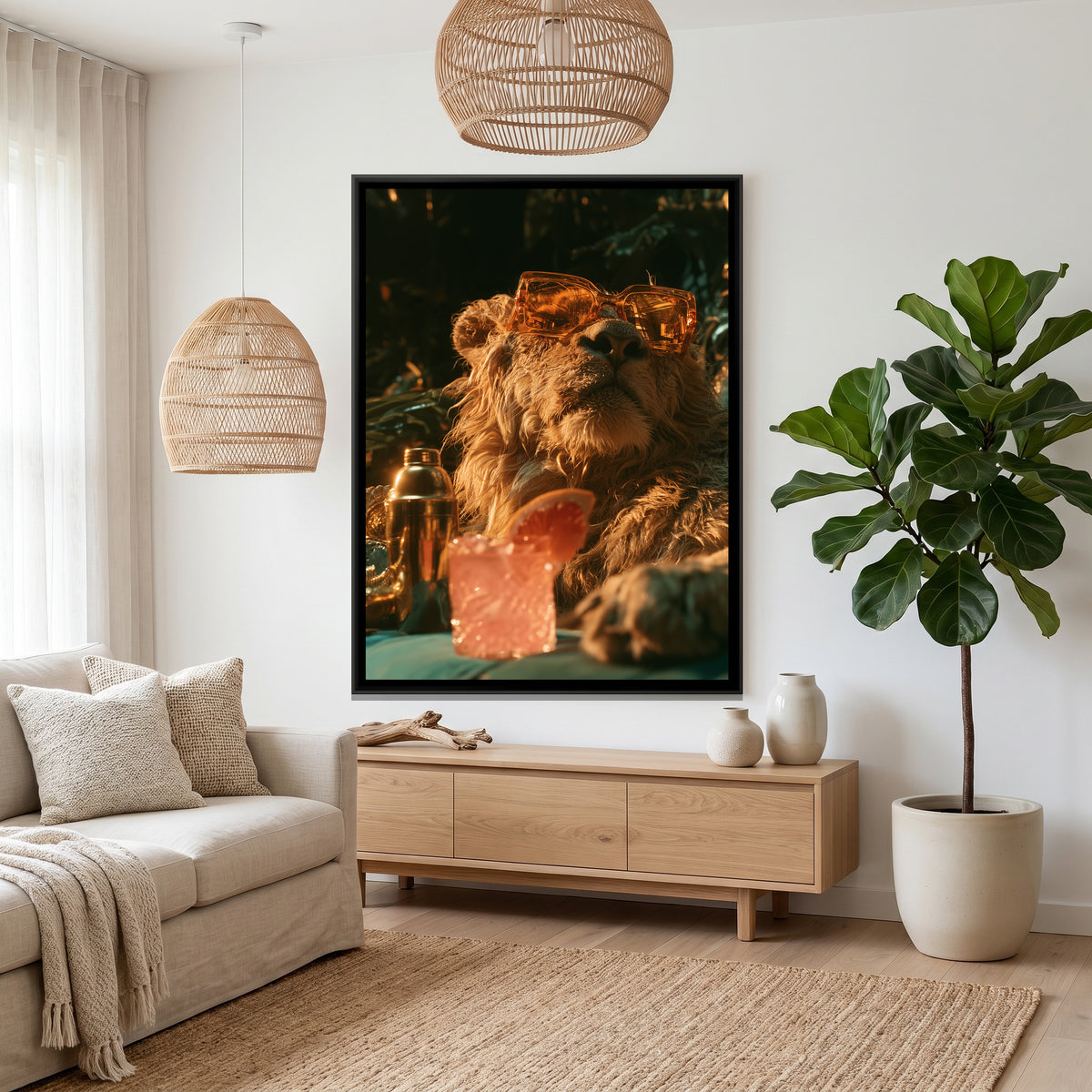 Lion in Sunglasses — canvas art shown in a second room setting