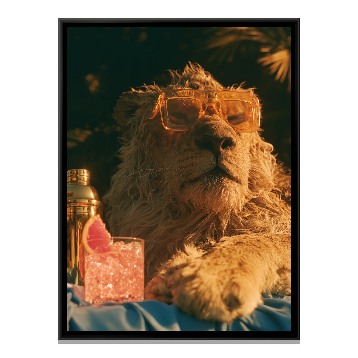 Lion in Sunglasses — framed canvas print, front view