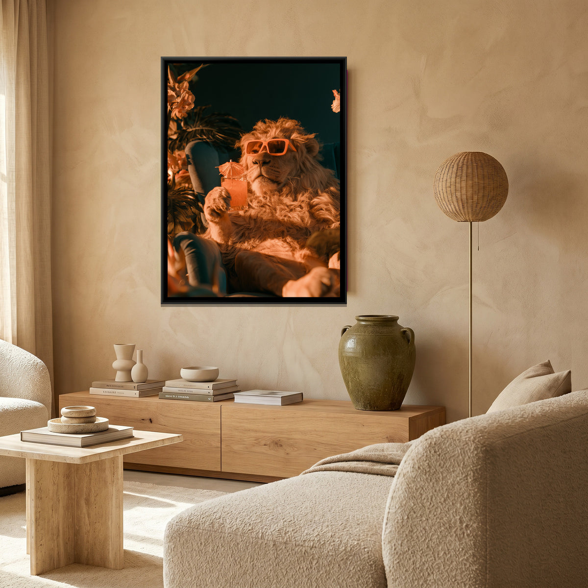 Lion with Cocktail — canvas art shown in a second room setting