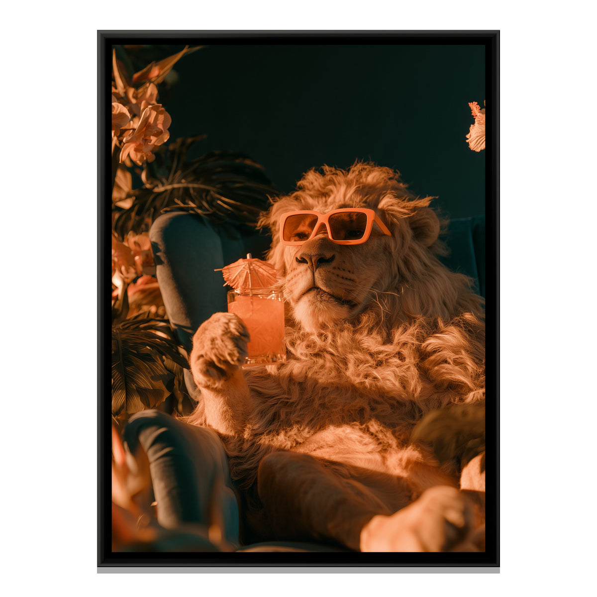 Lion with Cocktail — framed canvas print, front view