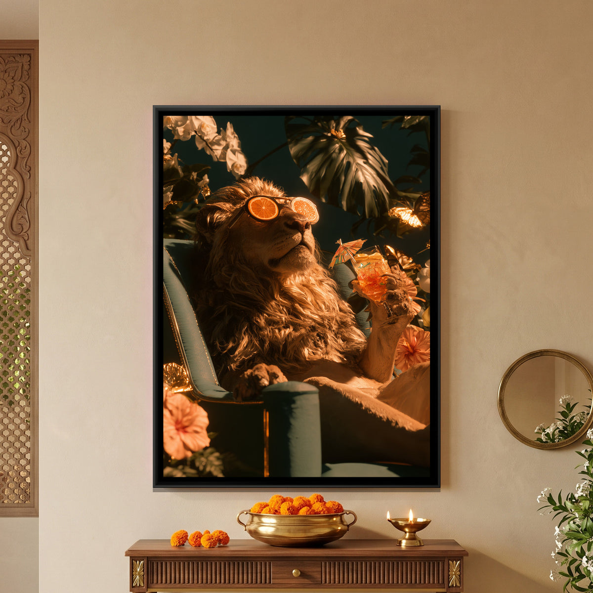 Lion with Cocktail — framed canvas art hung on a wall