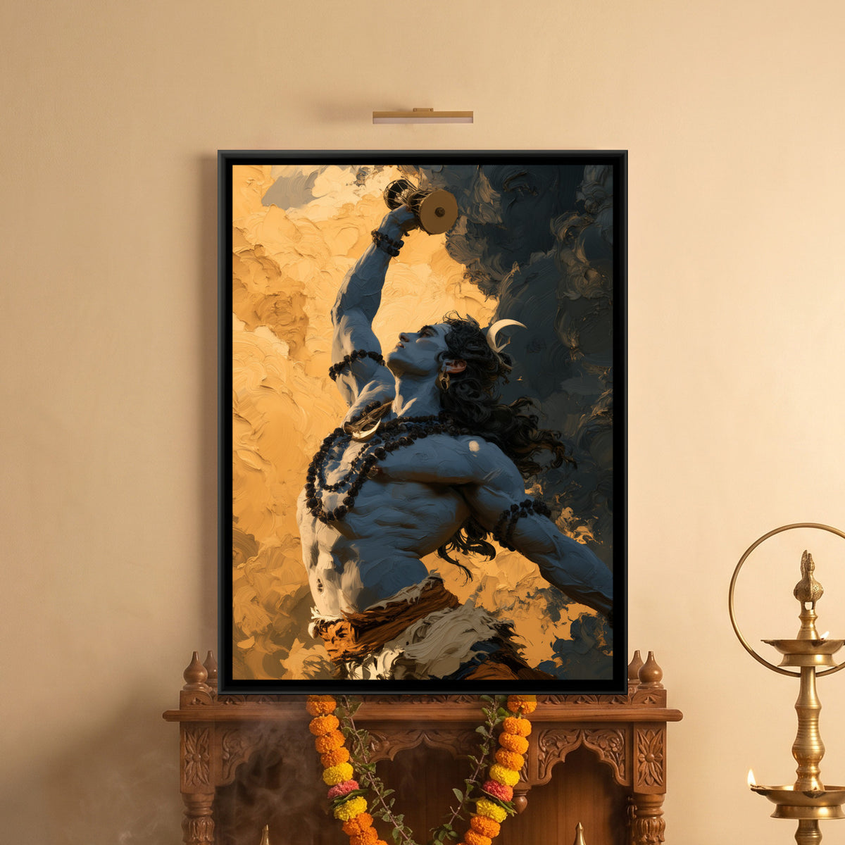 Mahadev with Damru — framed canvas art hung on a wall