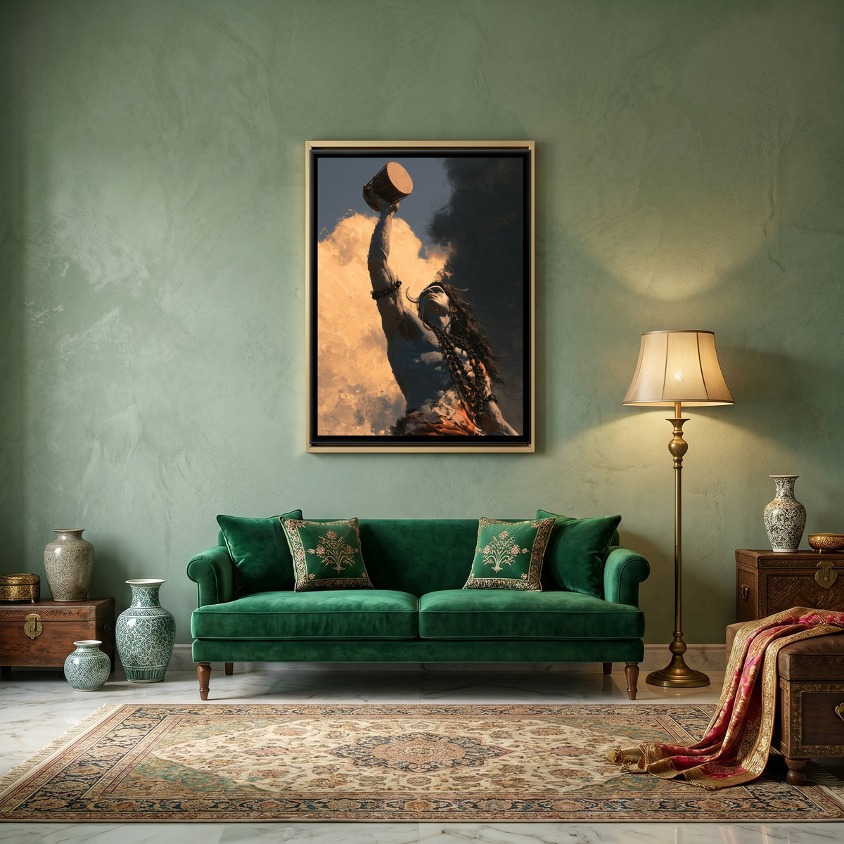 Mahadev with Damru — canvas art shown in a styled room