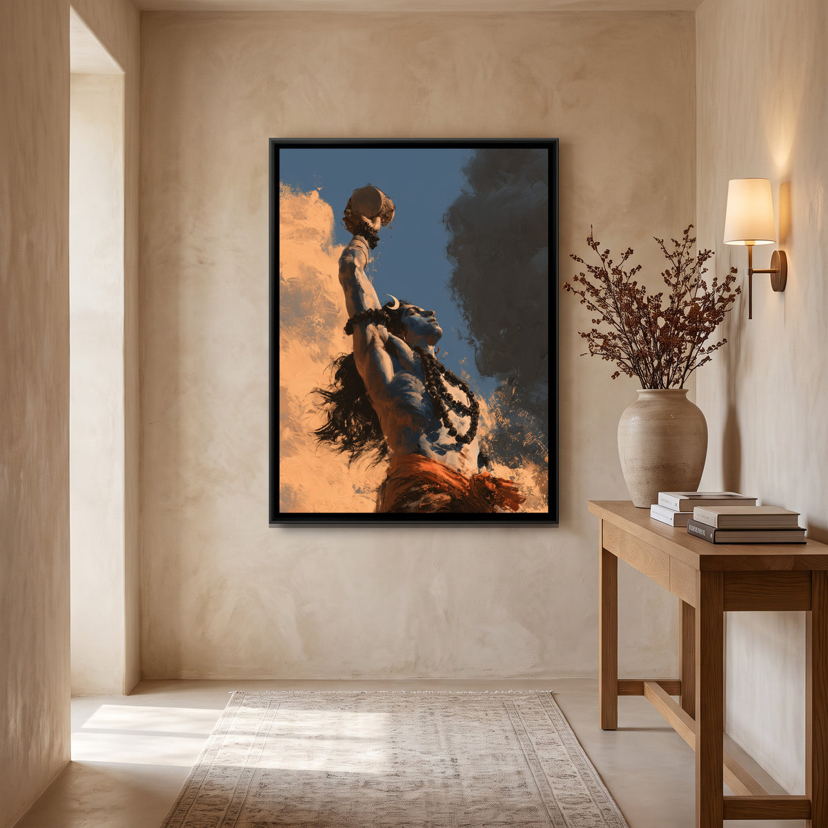 Mahadev with Damru — canvas art shown in a second room setting