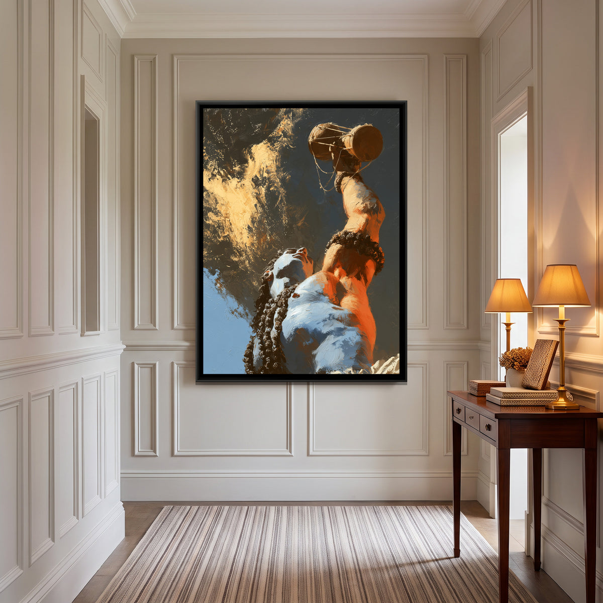 Mahadev with Damru — canvas art shown in a second room setting