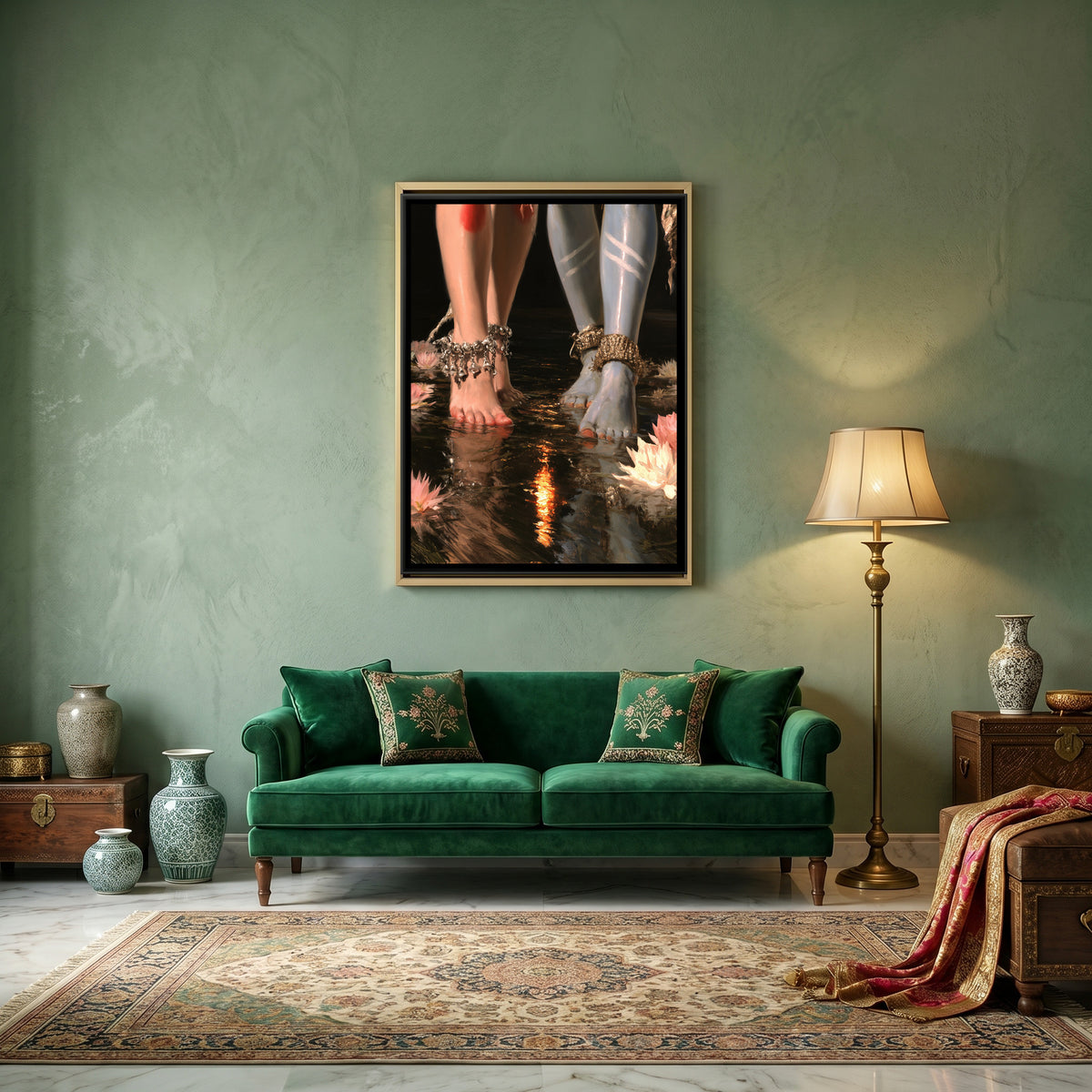 Shiva Parvati Feet — canvas art shown in a second room setting