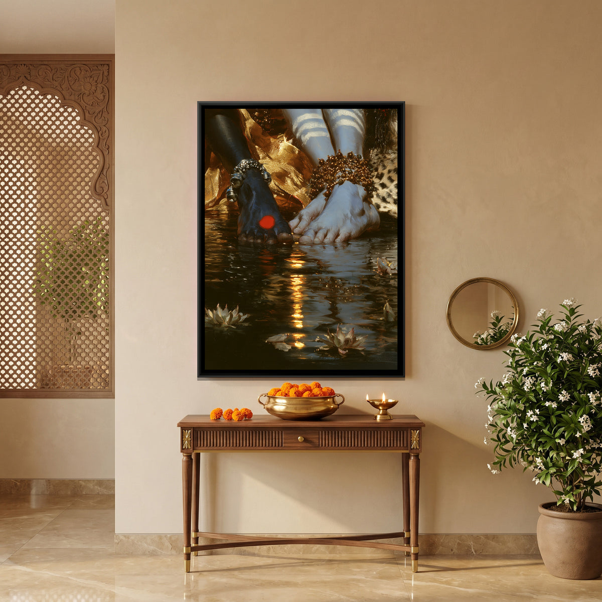 Shiva Parvati Feet — canvas art shown in a styled room
