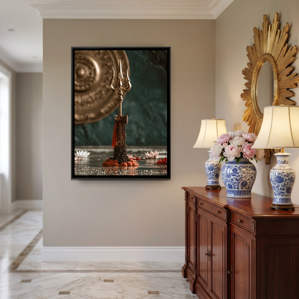 Mahadev Trishul — canvas art shown in a styled room