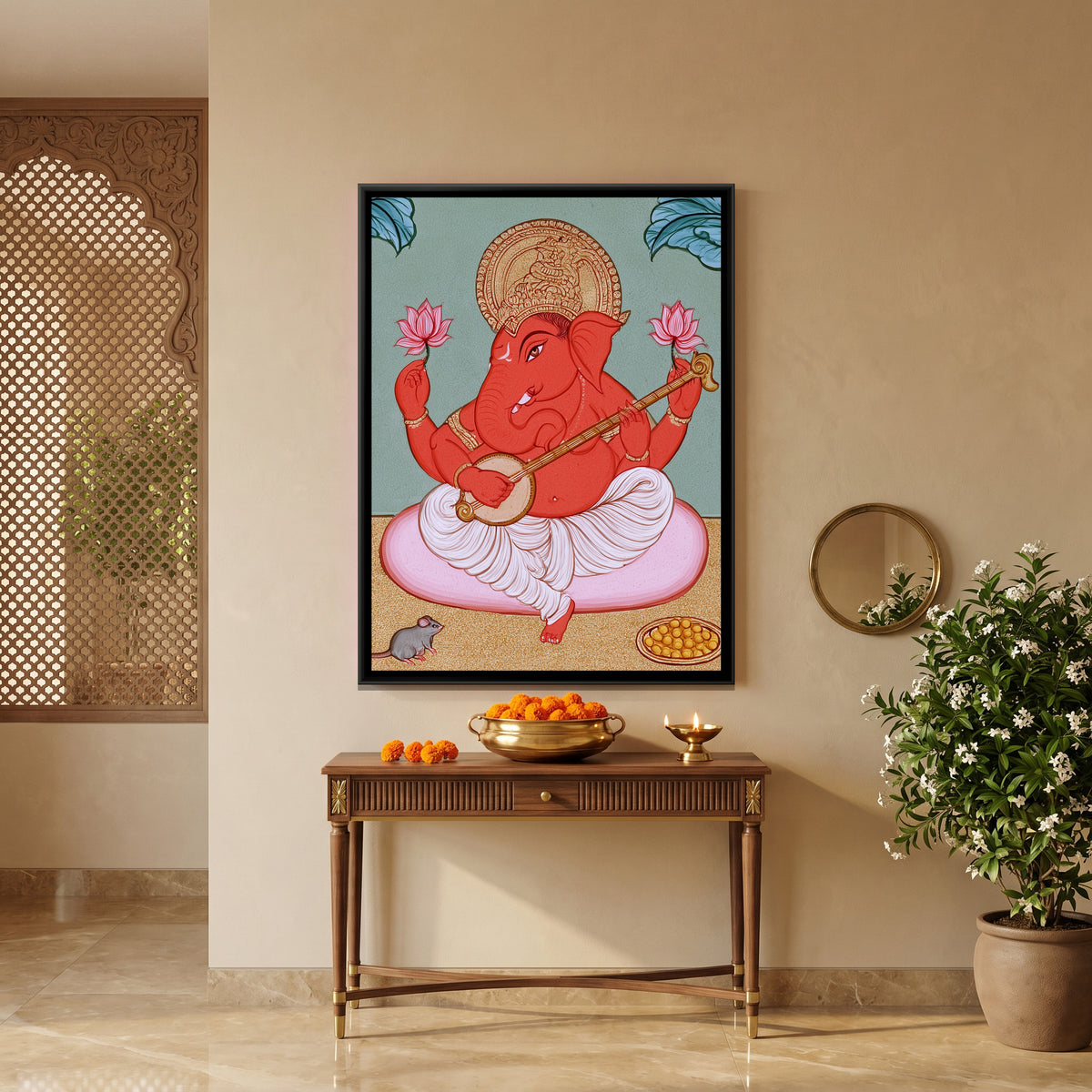 Shri Ganesh Playing Veena — canvas art shown in a second room setting