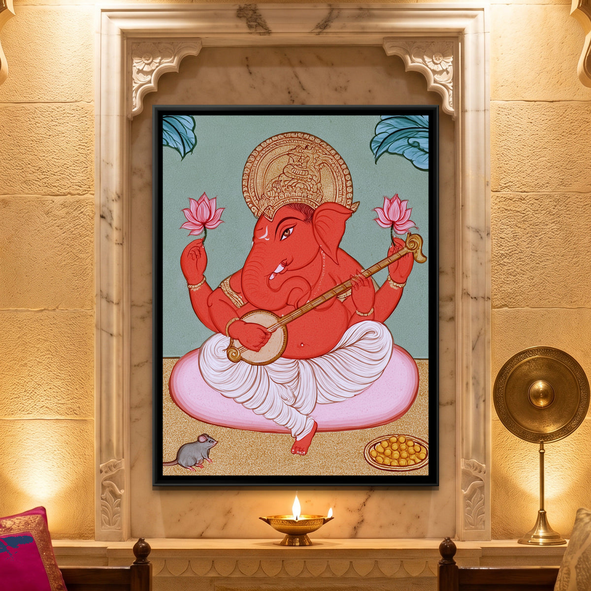 Shri Ganesh Playing Veena — framed canvas art hung on a wall