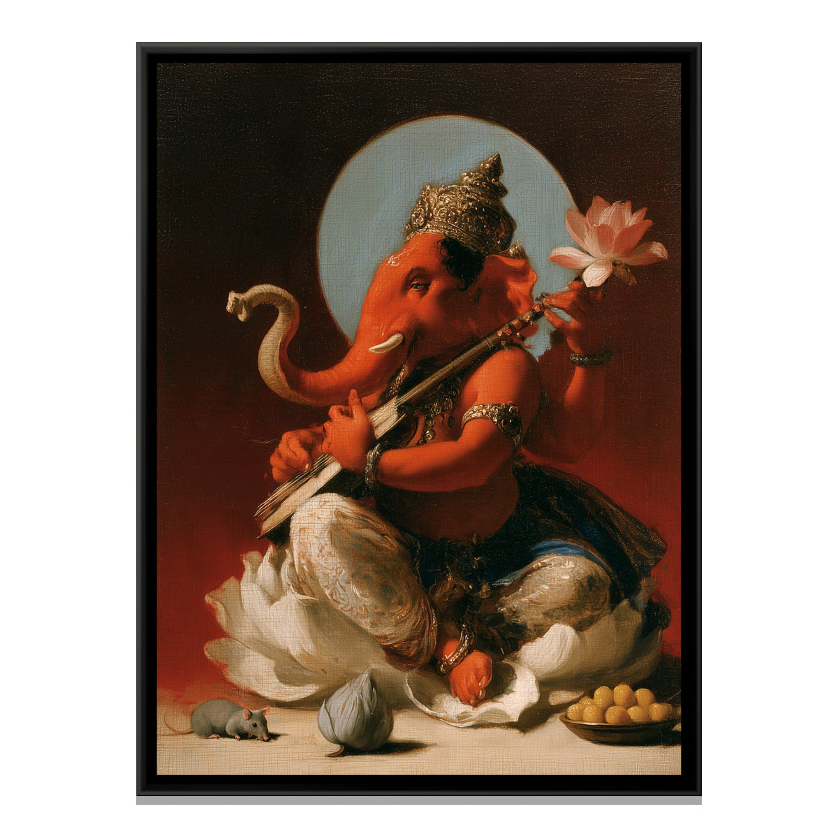 Shri Ganesh Playing Veena — framed canvas print, front view
