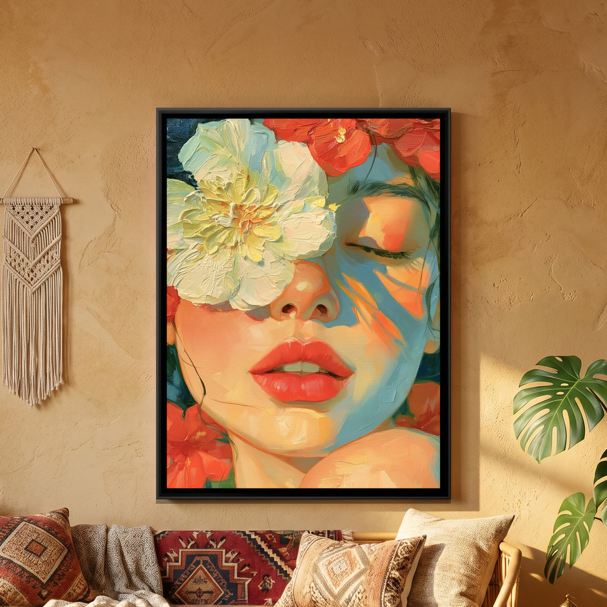 Woman with Flowers — framed canvas art hung on a wall