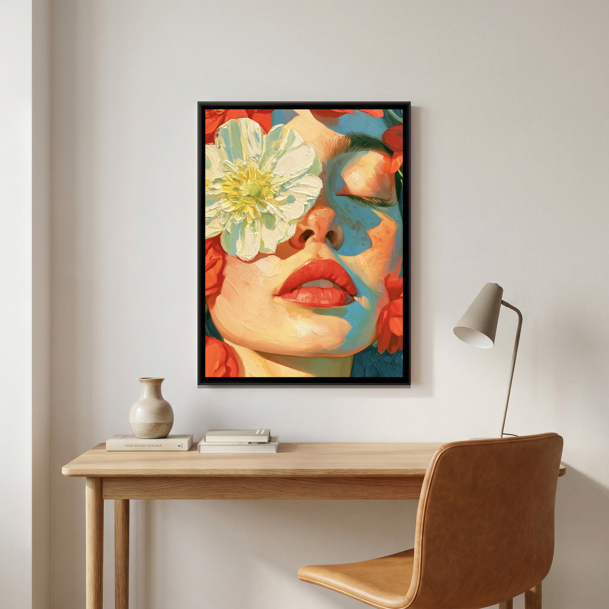 Woman with Flowers — canvas art shown in a second room setting