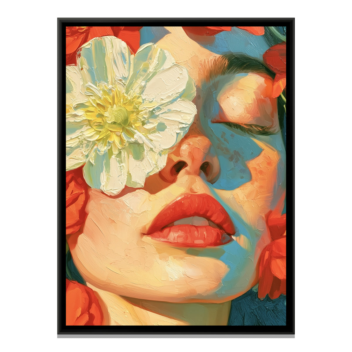 Woman with Flowers — framed canvas print, front view