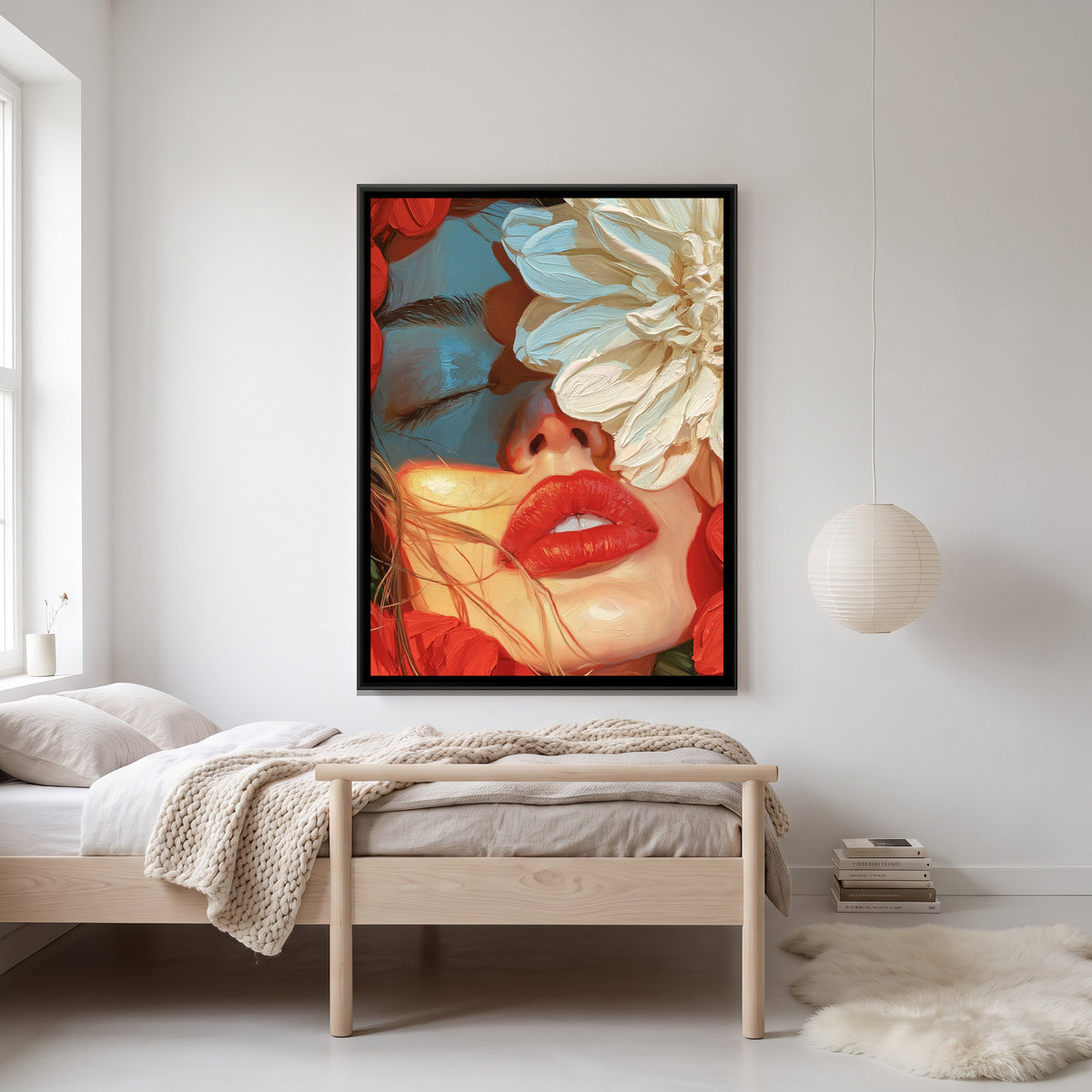 Woman with Flowers — canvas art shown in a styled room