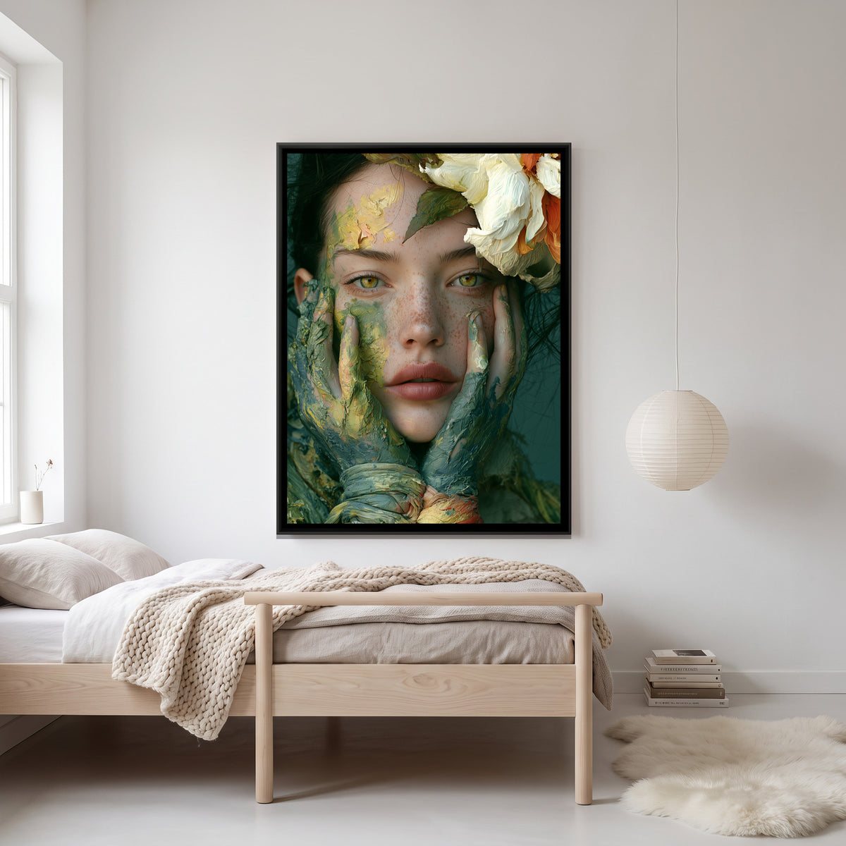 Woman with Rendered Face — canvas art shown in a styled room