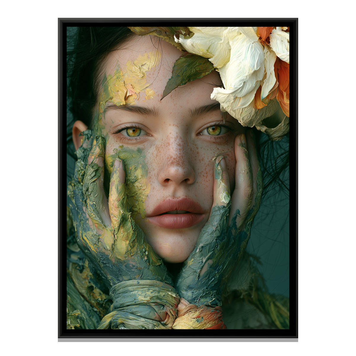 Woman with Rendered Face — framed canvas print, front view