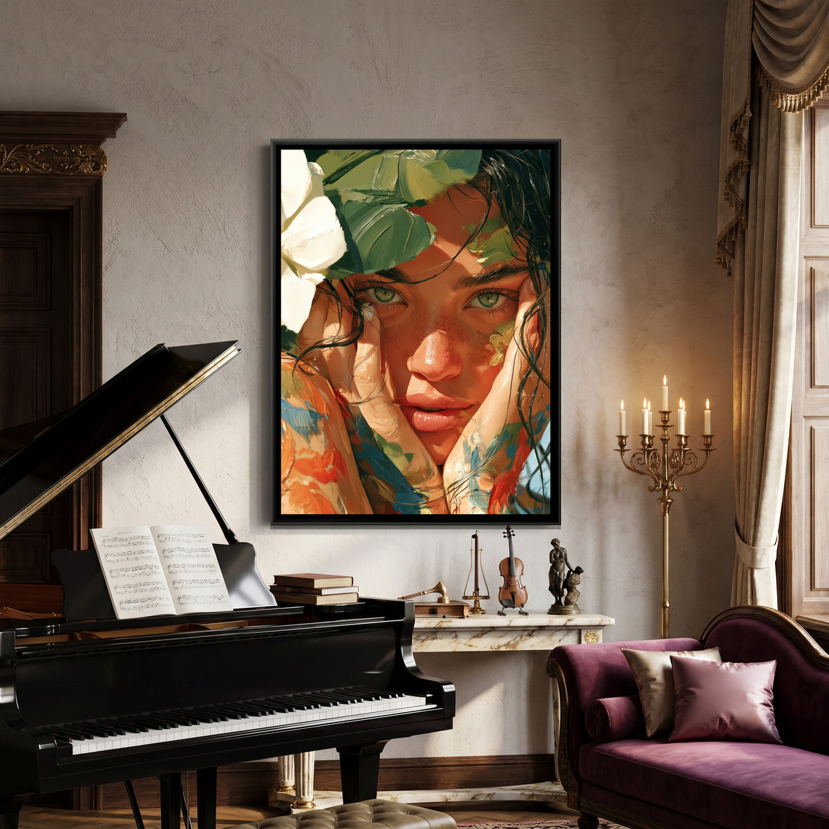 Woman with Rendered Face — canvas art shown in a styled room
