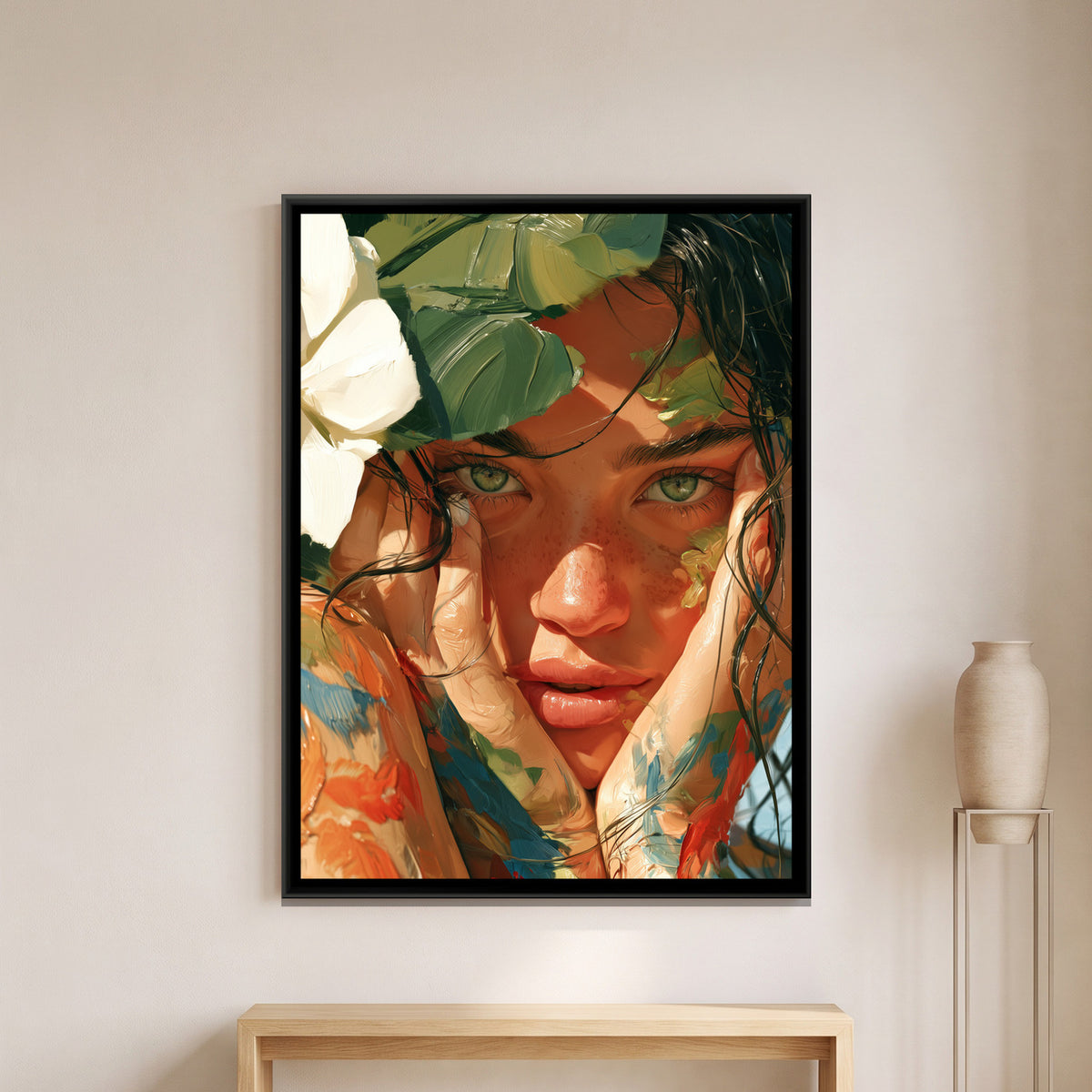 Woman with Rendered Face — framed canvas art hung on a wall
