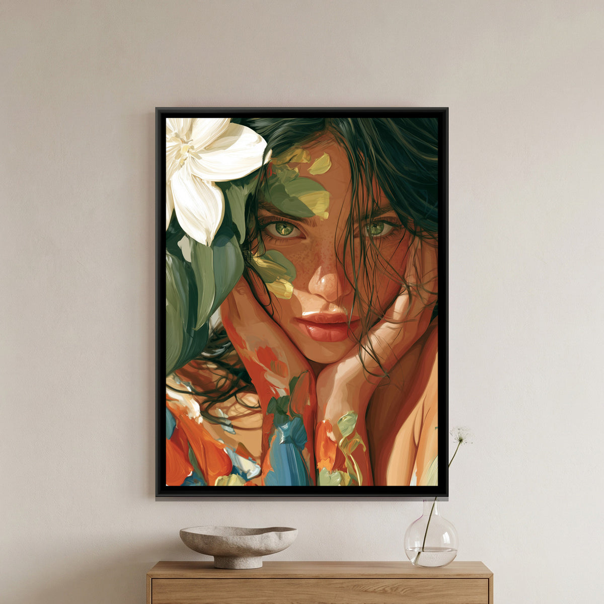 Woman with Rendered Face — framed canvas art hung on a wall