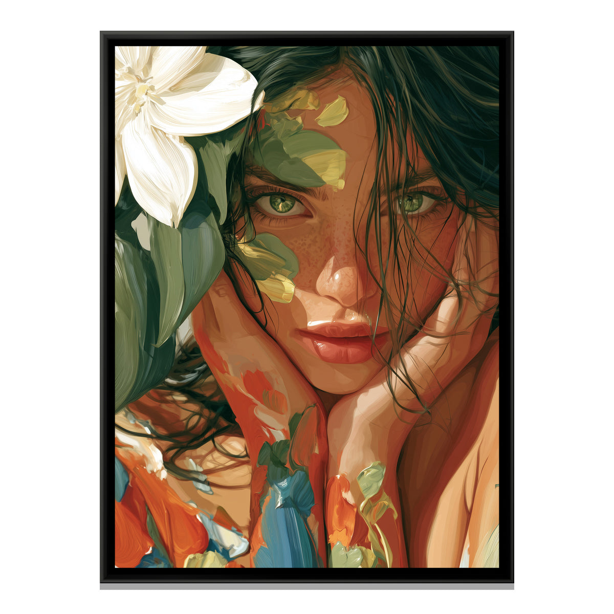 Woman with Rendered Face — framed canvas print, front view