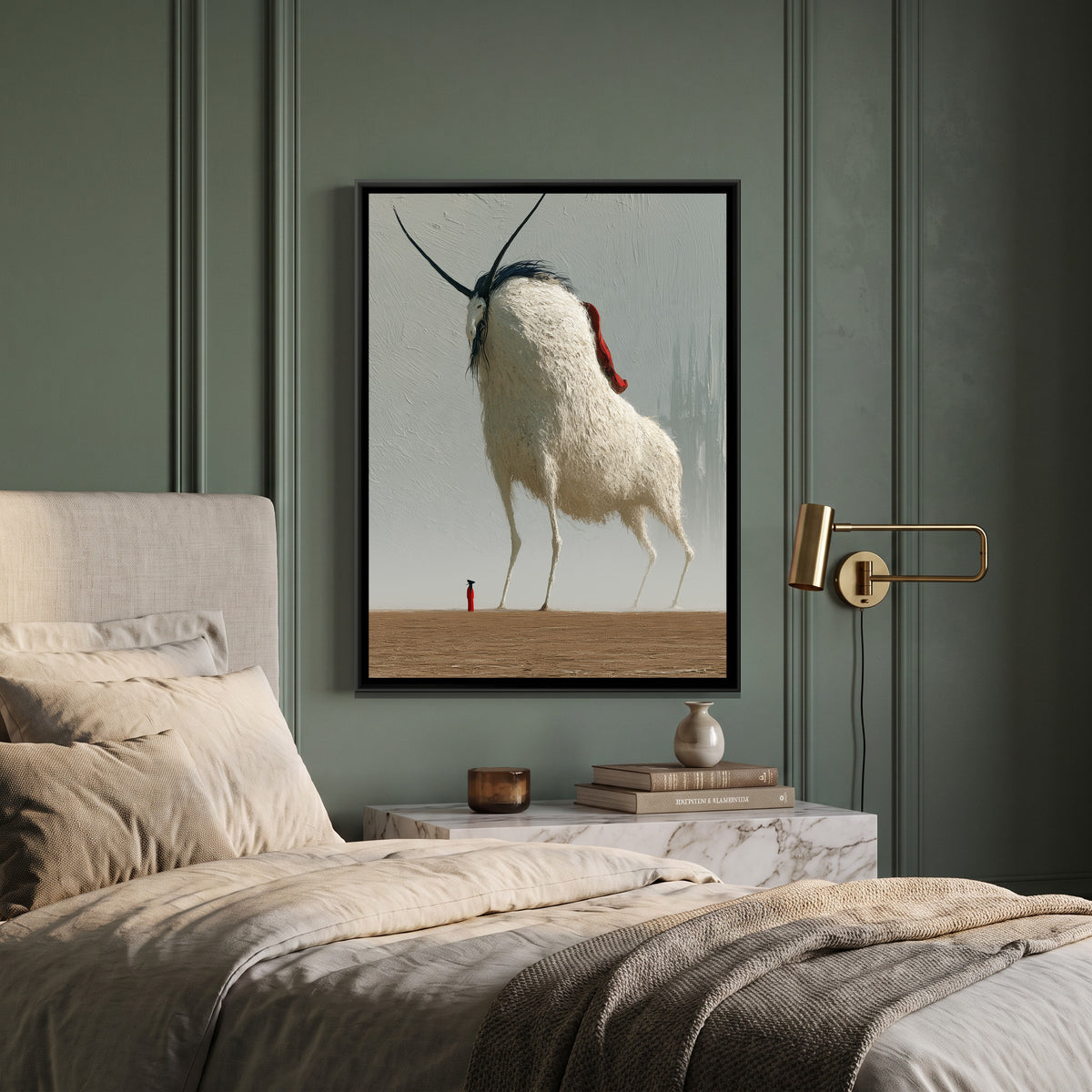 Surreal Horned Beast — canvas art shown in a second room setting