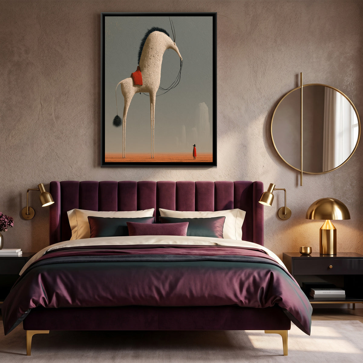Surreal Horned Beast — canvas art shown in a second room setting
