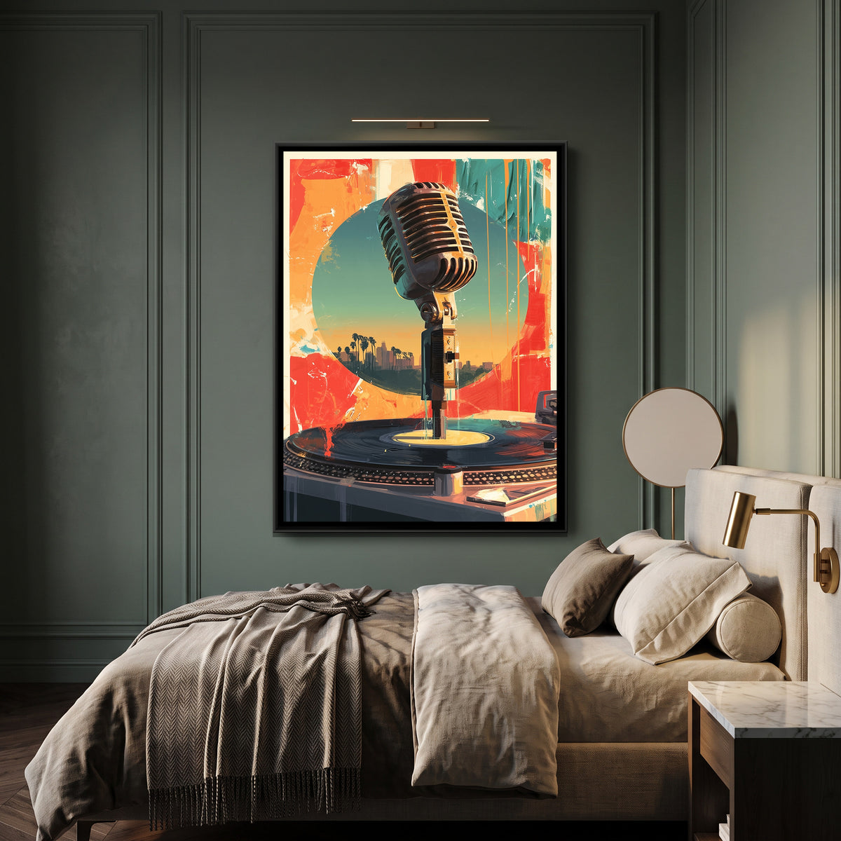 Vintage Microphone — canvas art shown in a second room setting