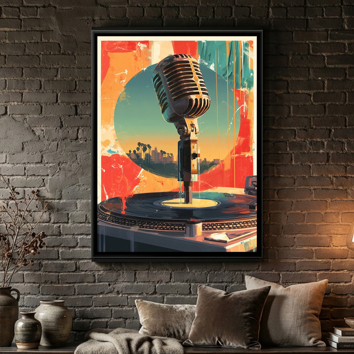 Vintage Microphone — framed canvas art hung on a wall
