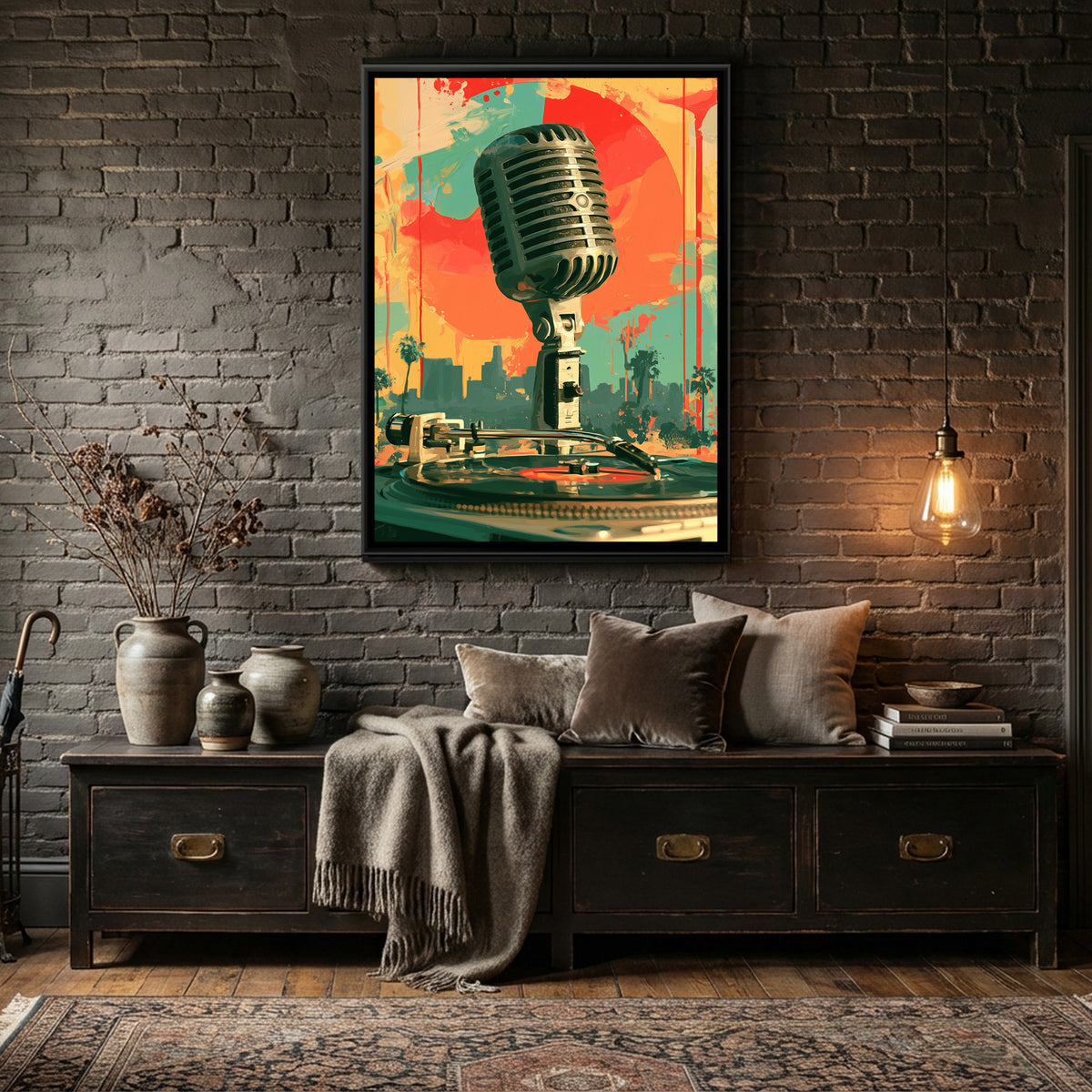 Vintage Microphone — canvas art shown in a second room setting