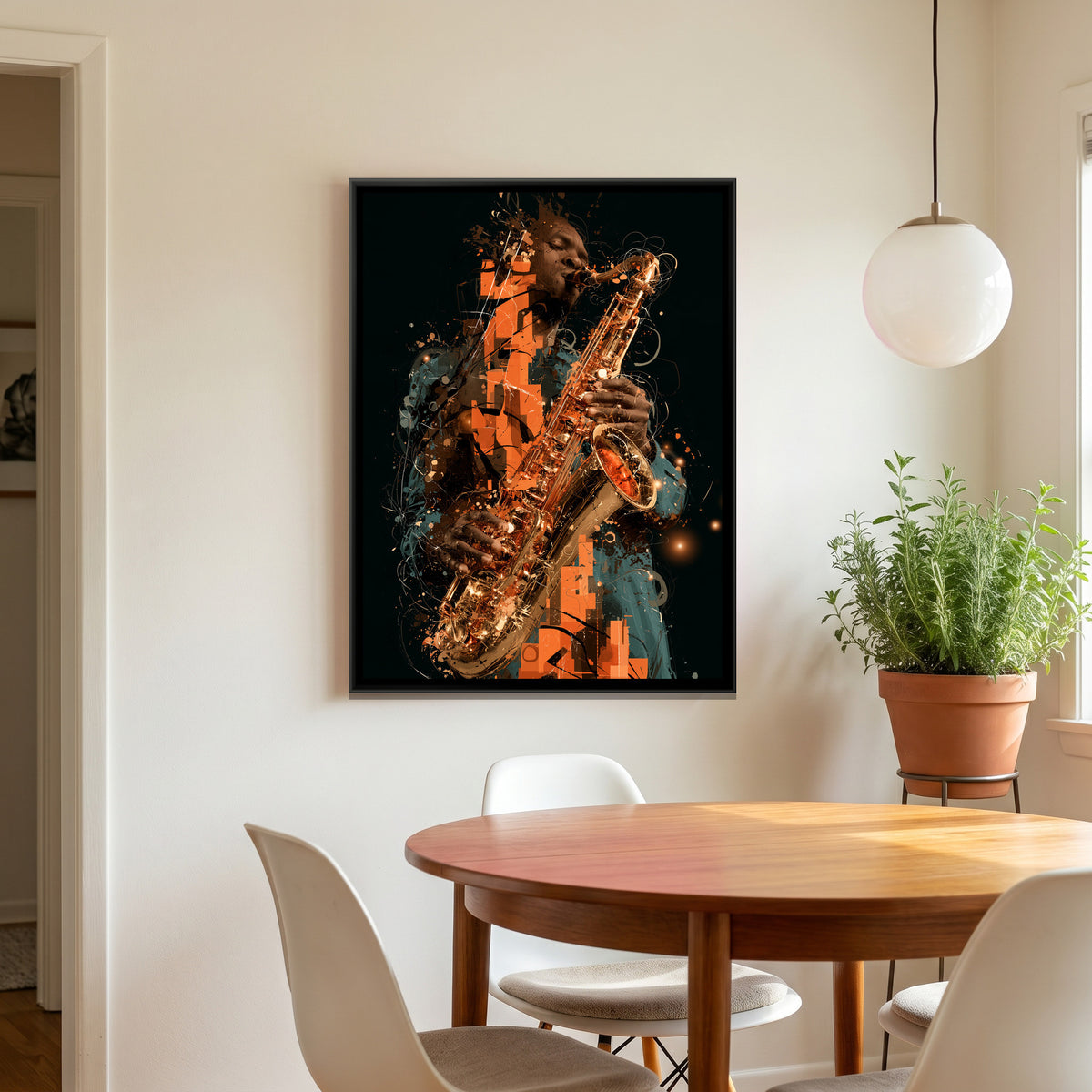 Saxophone Player — canvas art shown in a styled room
