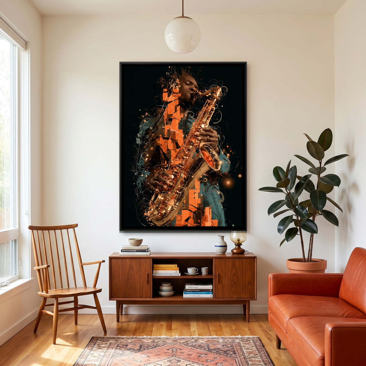 Saxophone Player — canvas art shown in a second room setting