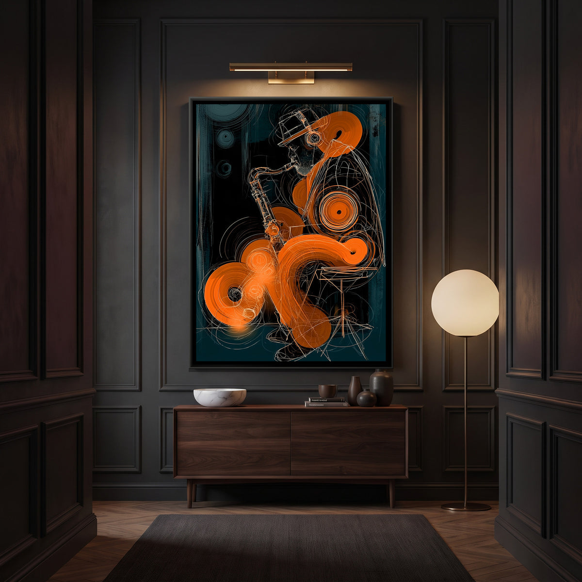 Saxophone Player — canvas art shown in a second room setting