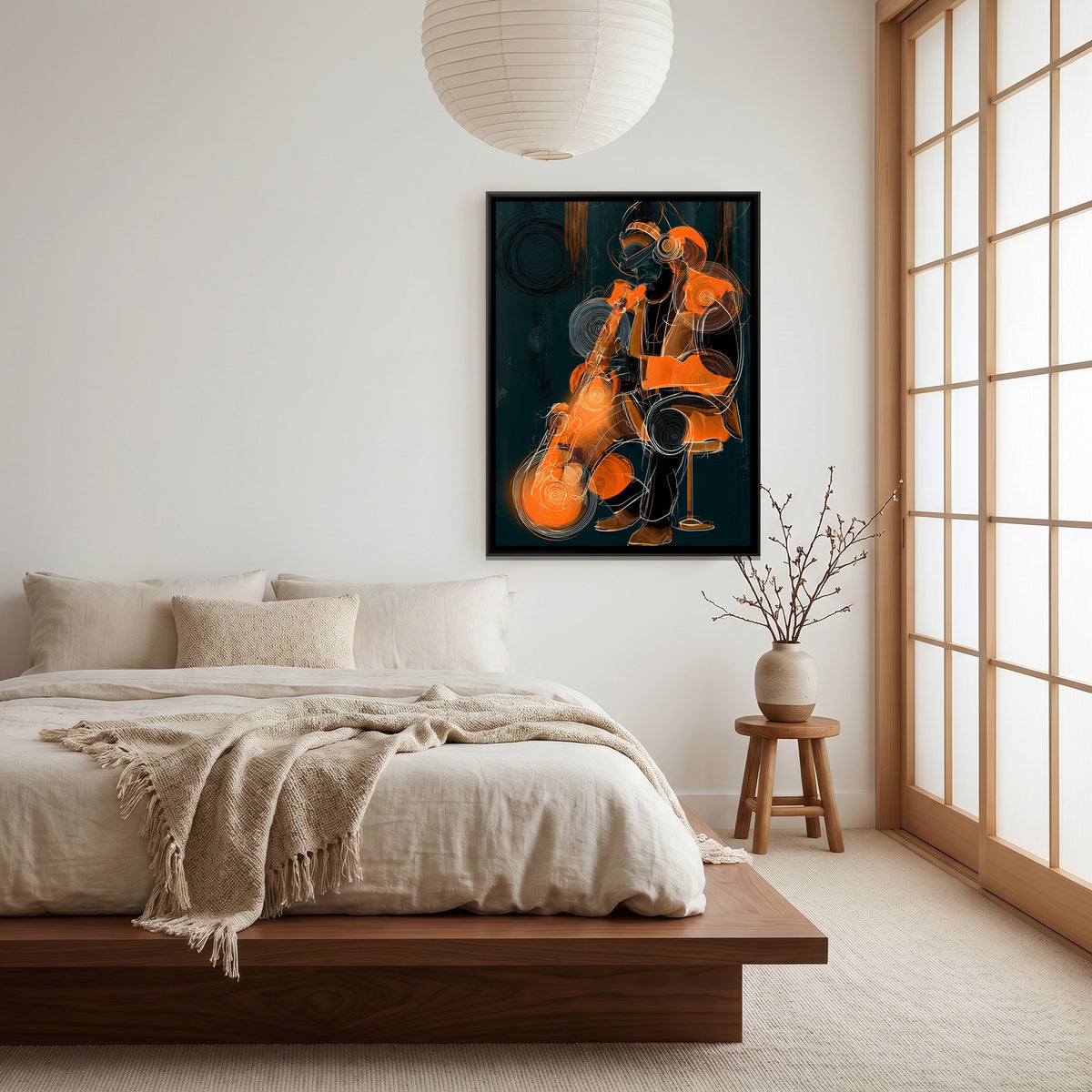 Saxophone Player — canvas art shown in a styled room