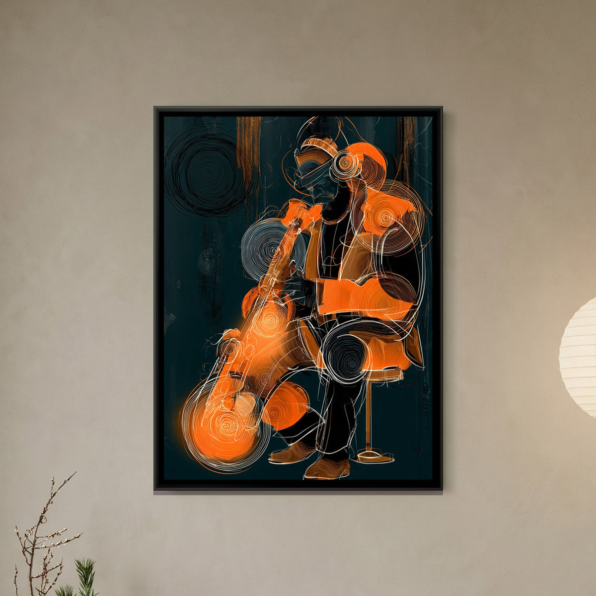 Saxophone Player — framed canvas art hung on a wall