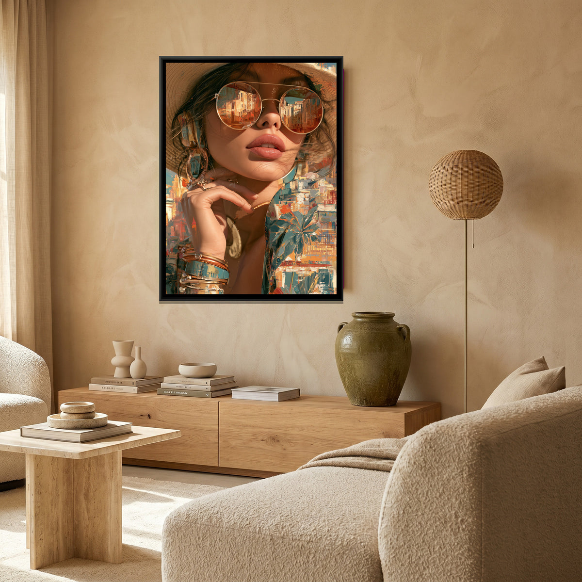 Riviera Woman in Mirrored Sunglasses — canvas art shown in a styled room