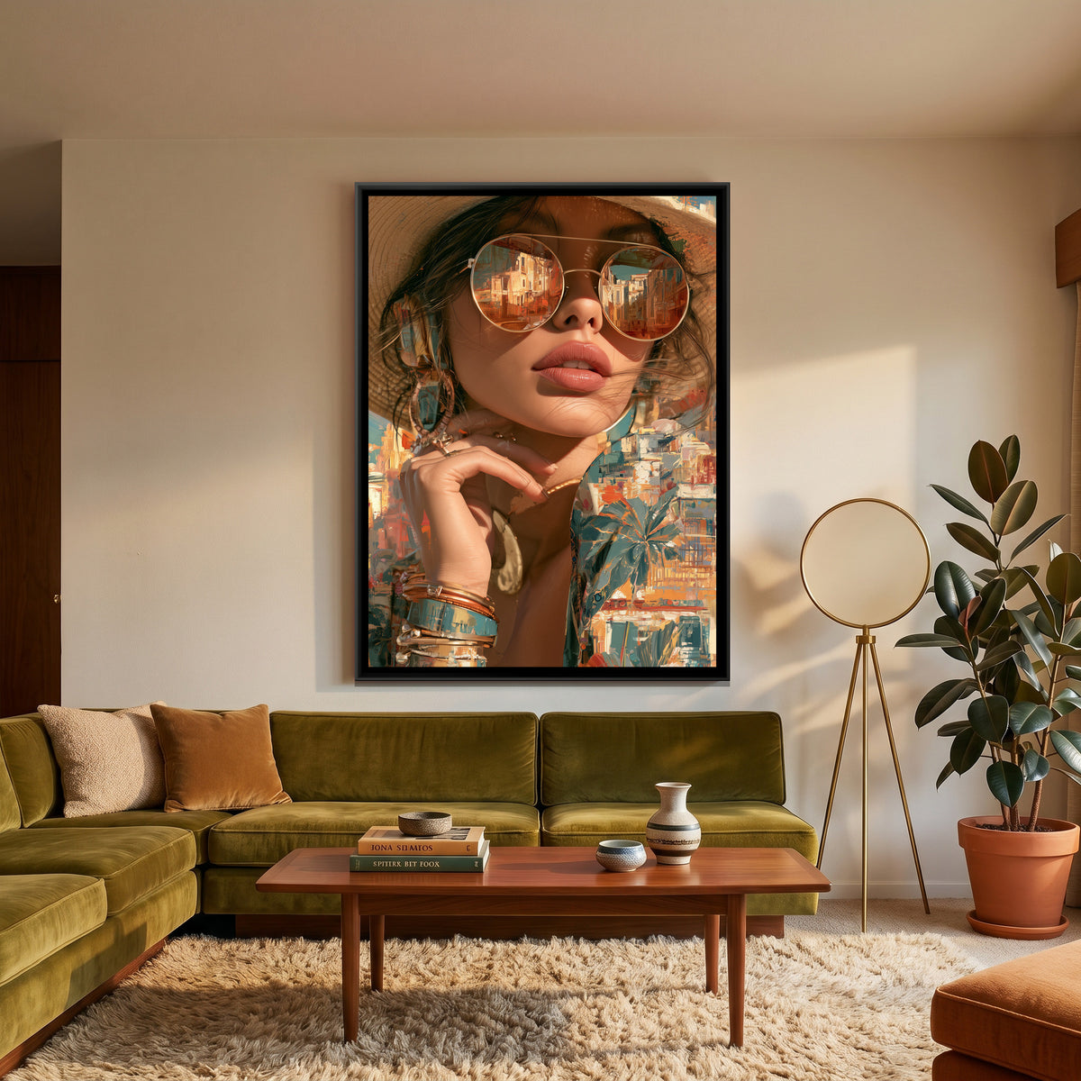 Riviera Woman in Mirrored Sunglasses — canvas art shown in a second room setting