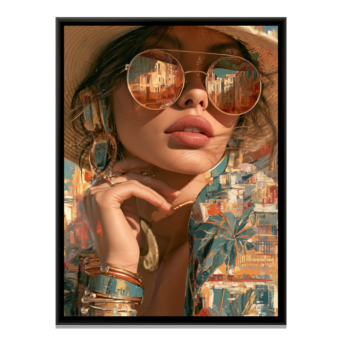 Riviera Woman in Mirrored Sunglasses — framed canvas print, front view