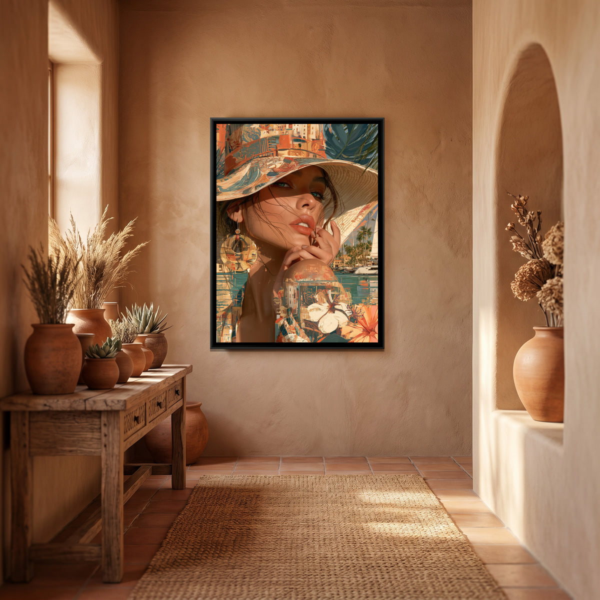 Mediterranean Summer, Woman in a Sun Hat — canvas art shown in a second room setting