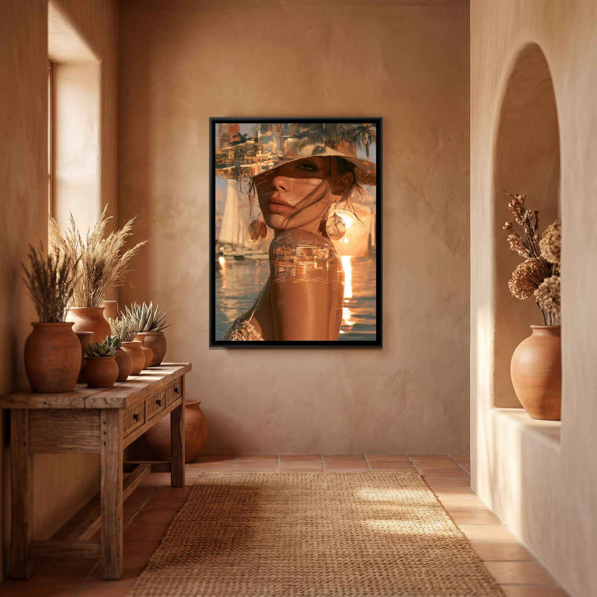 Harbour Sunset, Woman in a Straw Hat — canvas art shown in a second room setting