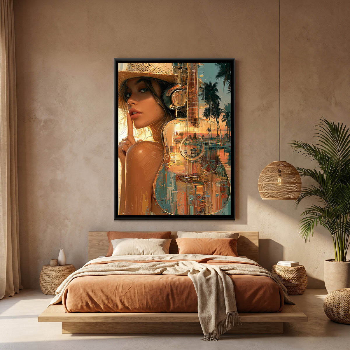 Woman with Guitar — canvas art shown in a styled room