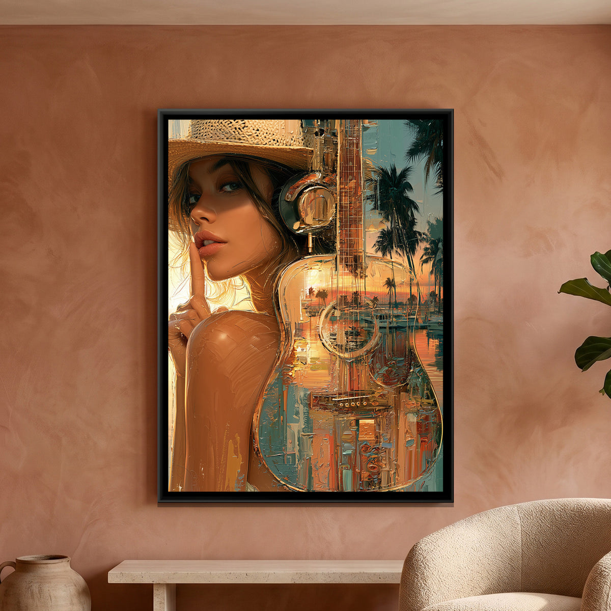 Woman with Guitar — framed canvas art hung on a wall