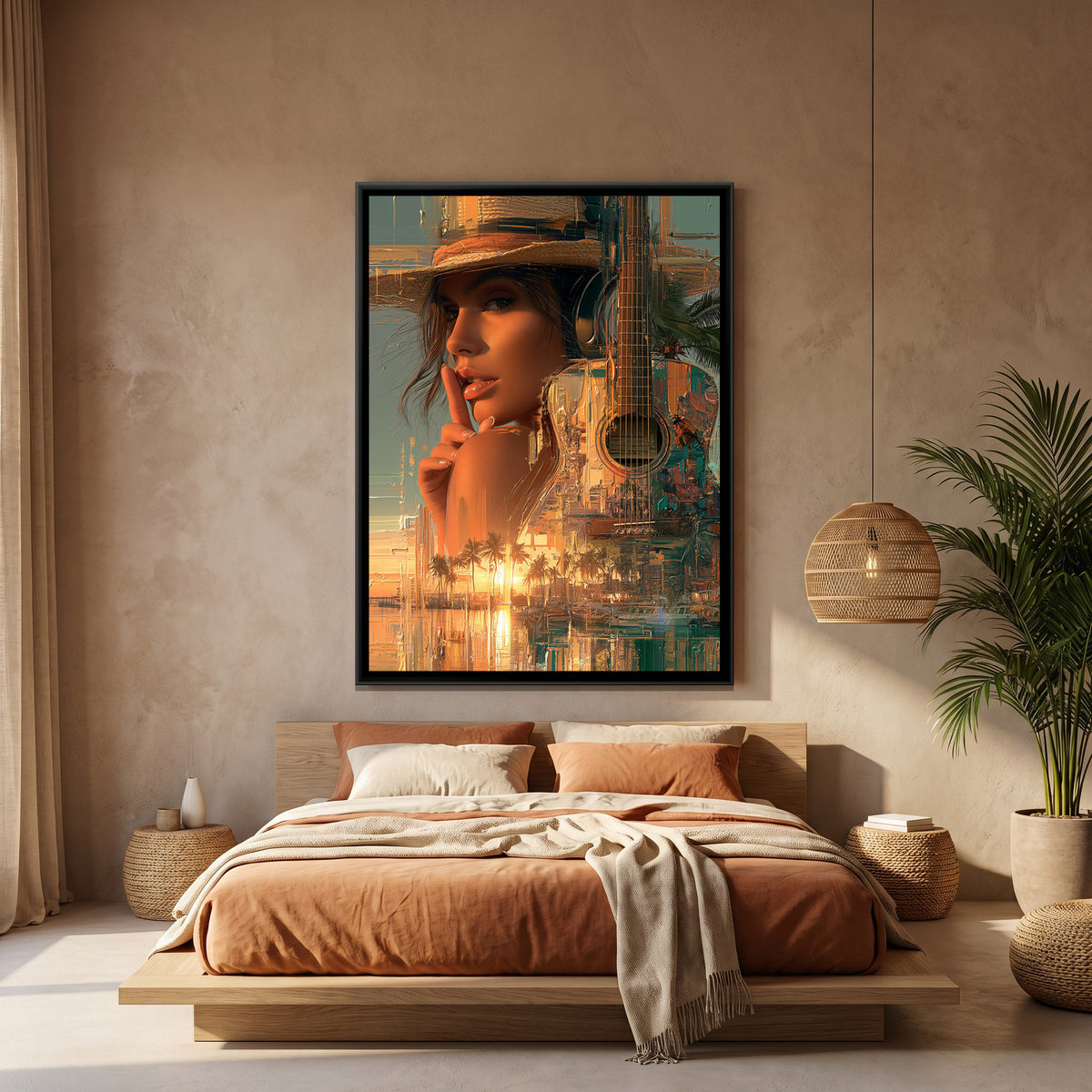 Woman with Guitar — canvas art shown in a styled room